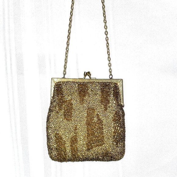 Vintage Walborg Hand Beaded Gold Evening Bag Hong Kong Chain Strap - Picture 2 of 8